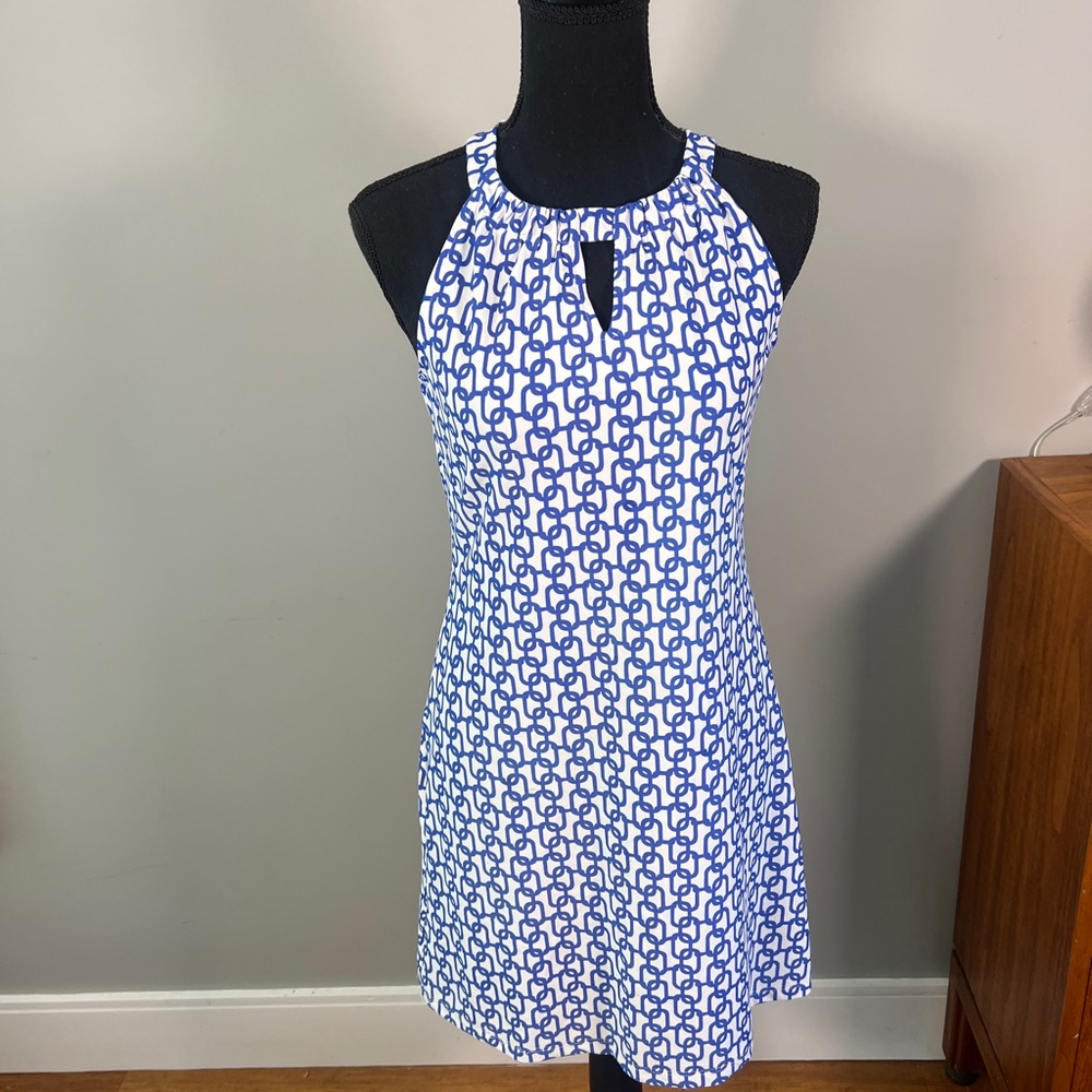 Jude Connally Lisa Halter Blue and White Keyhole Dress Chain Design Sz XS
